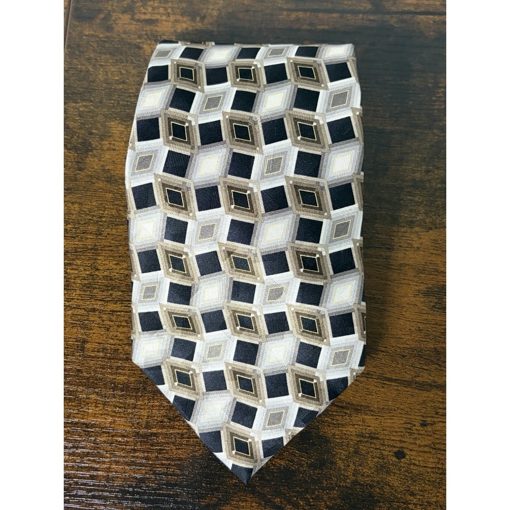 Vintage Pierre Cardin Tie Silk USA Made Tan Black Brown Geometric Squares 60"